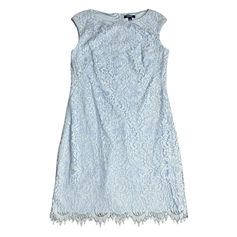 Chaps Womens Blue Lace Sheath Dress Floral Print Lined Size 10 Scalloped Hem